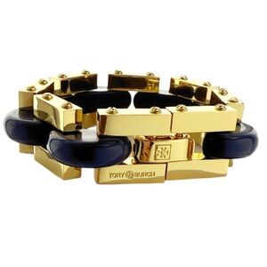 Tory Burch Chunky Statement Gold Tone Chain Bracelet in Blue Enamel Inlay. NWOT